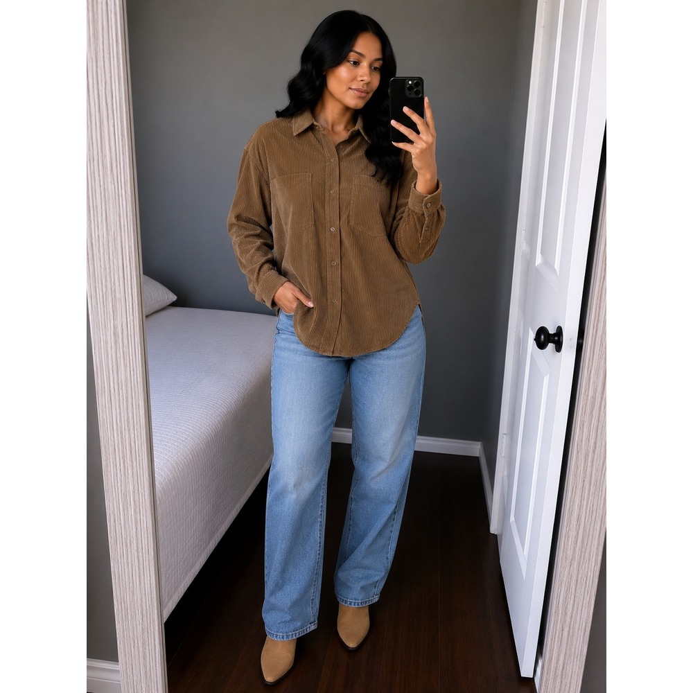 True Craft Women 0X Camel Brown Corduroy Button Down Oversized Shacket Shirt